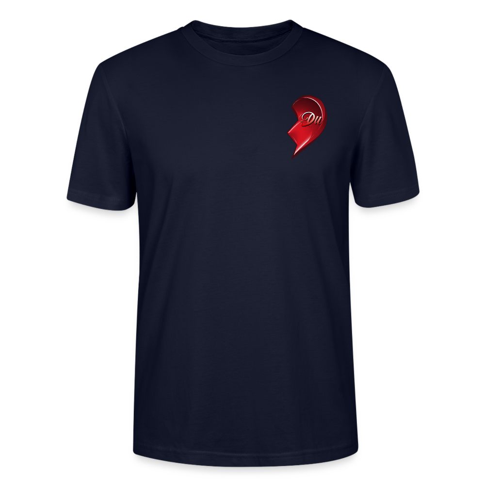 Navy farbenes T-Shirt mit rechter Hälfte eines roten Herzmotivs und dem Schriftzug 'Du' auf der rechten Brustseite, designed als Teil eines Partner-T-Shirt-Sets, perfekt für Paare zum Valentinstag – Streetwear-Look mit emotionaler Botschaft.