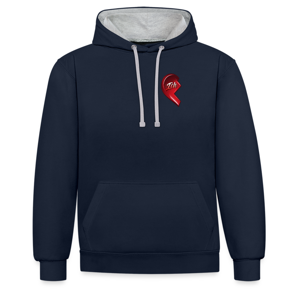 Navy/Grau meliert Streetwear Hoodie im 2-Farben-Design mit farbiger Kapuze und Kordeln. Herz-Motiv auf der linken Brust – Ideal als Valentinstag Geschenk für Freund und Freundin.