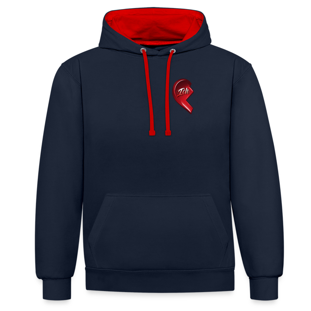 Navy/Rot Streetwear Hoodie im 2-Farben-Design mit farbiger Kapuze und Kordeln. Herz-Motiv auf der linken Brust – Ideal als Valentinstag Geschenk für Freund und Freundin.