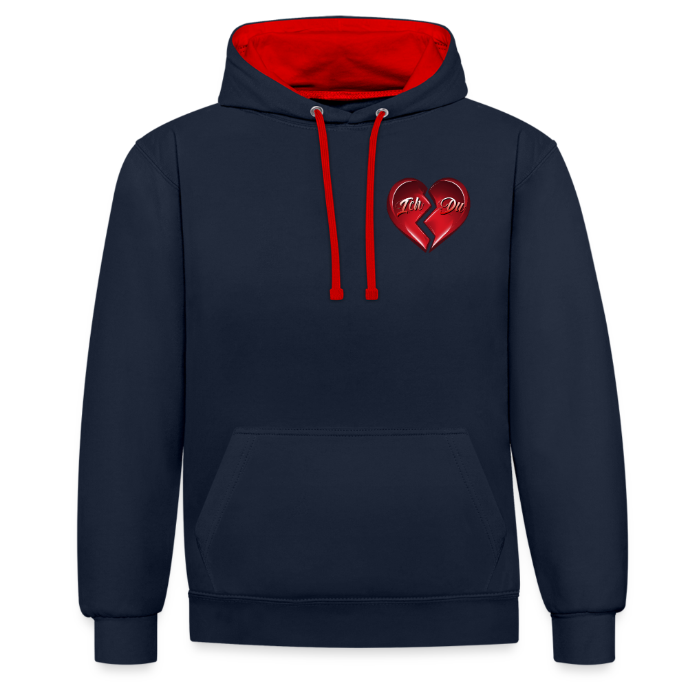 Navy/Rot 2-Farben Streetwear Hoodie mit Kapuze und Kordeln in der gleichen Farbe. Herz-Motiv auf der linken Brust – Perfektes Valentinstag Geschenk für Männer und Frauen.