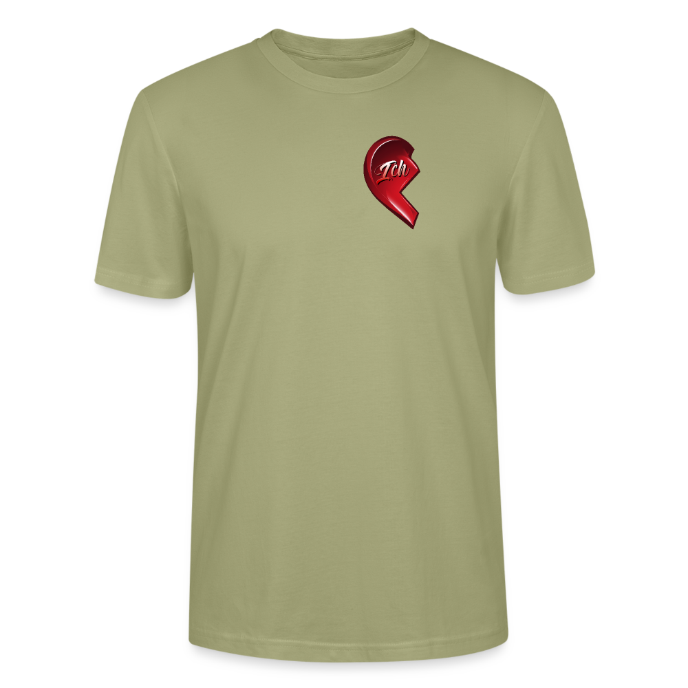 Nebelgrün farbenes T-Shirt mit halbem roten Herzmotiv und dem Schriftzug 'Ich' auf der linken Brustseite, Teil eines Partner-T-Shirt-Sets, bei dem die rechte Herzhälfte auf dem passenden T-Shirt ergänzt wird. Ideal als Geschenkidee für Paare zum Valentinstag.