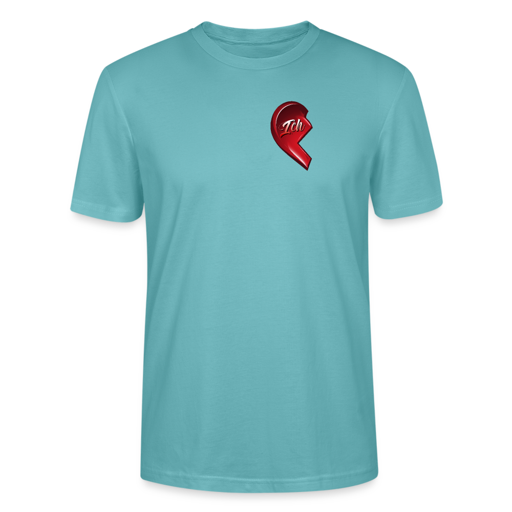 Pasteltuerkis farbenes T-Shirt mit halbem roten Herzmotiv und dem Schriftzug 'Ich' auf der linken Brustseite, Teil eines Partner-T-Shirt-Sets, bei dem die rechte Herzhälfte auf dem passenden T-Shirt ergänzt wird. Ideal als Geschenkidee für Paare zum Valentinstag.
