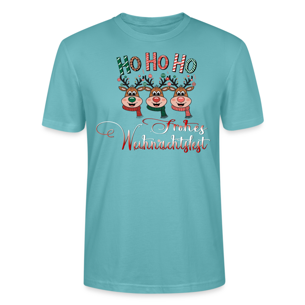 Frohes Weihnachtsfest T-Shirt für Männer in pastelltürkis mit Ho Ho Ho Motiv und 3 fröhlichen Elchen mit bunten Schals aus Bio Baumwolle von StreetwearX.