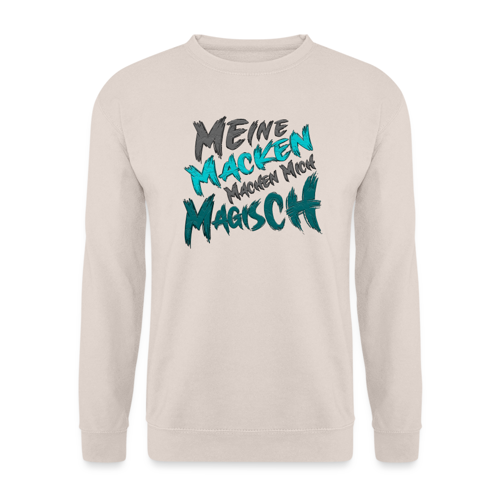 Farbe Sand  Streetwear Pullover für Frauen und Männer mit humorvollem Statement „Meine Macken machen mich magisch“. Modernes Streetwear-Design, ideal für Freizeit und Alltag.