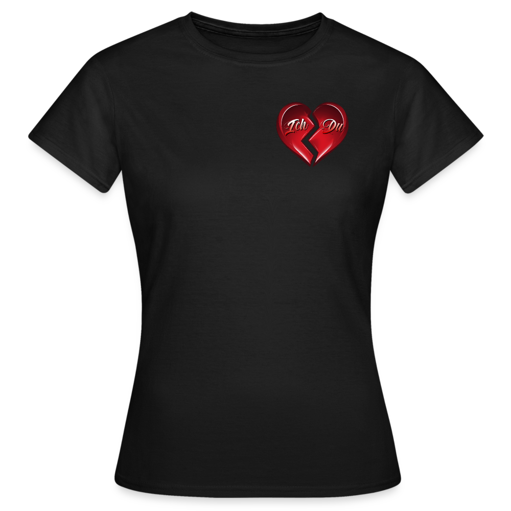 Schwarzes Navy T Shirt für Frauen mit figurbetontem Schnitt, komplettem Herzdesign und der Aufschrift „Ich & Du“ – perfekt für den Valentinstag.