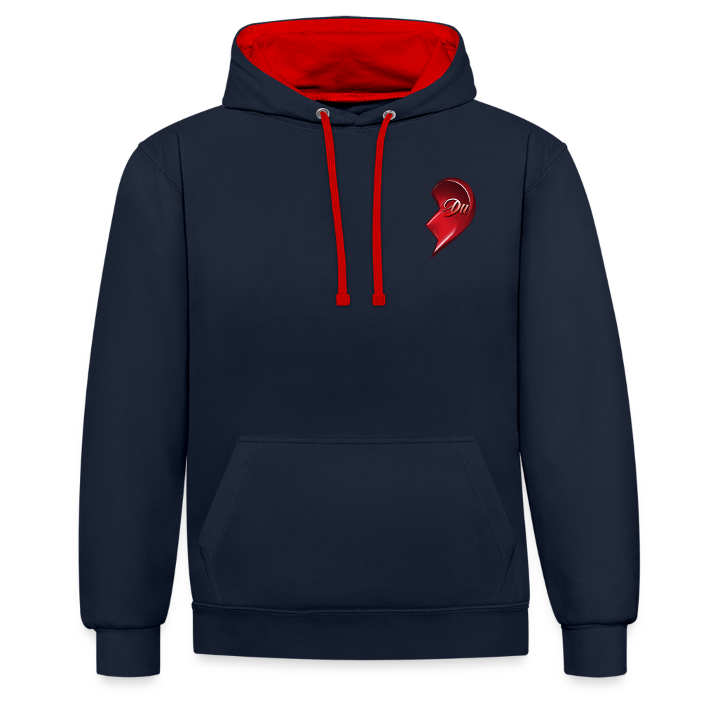 Navy/Rot Hochwertiger Streetwear Hoodie im modernen 2-Farben-Design mit kontrastierender Kapuze und Kordeln. Herz-Motiv auf der linken Brust – Eine stilvolle Geschenkidee zum Valentinstag für Männer, Frauen, Freund und Freundin.