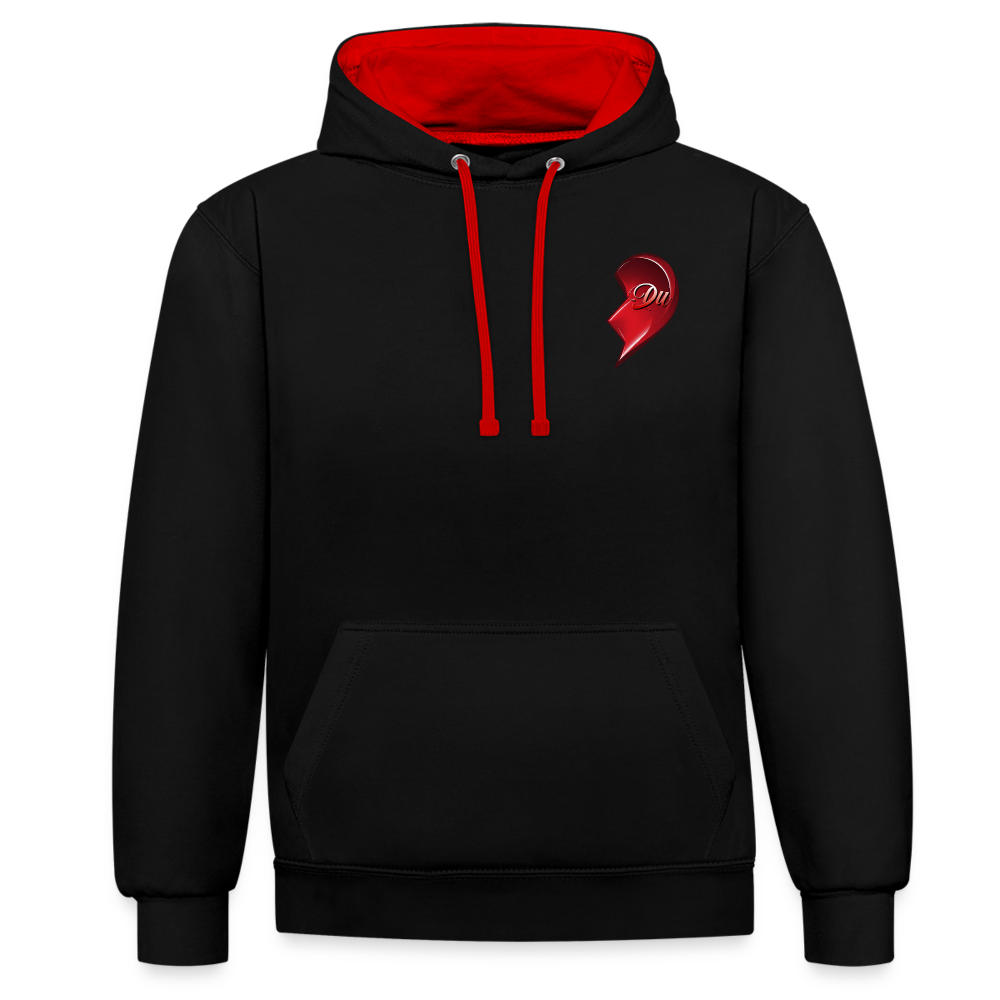 Schwarz/Rot Hochwertiger Streetwear Hoodie im modernen 2-Farben-Design mit kontrastierender Kapuze und Kordeln. Herz-Motiv auf der linken Brust – Eine stilvolle Geschenkidee zum Valentinstag für Männer, Frauen, Freund und Freundin.