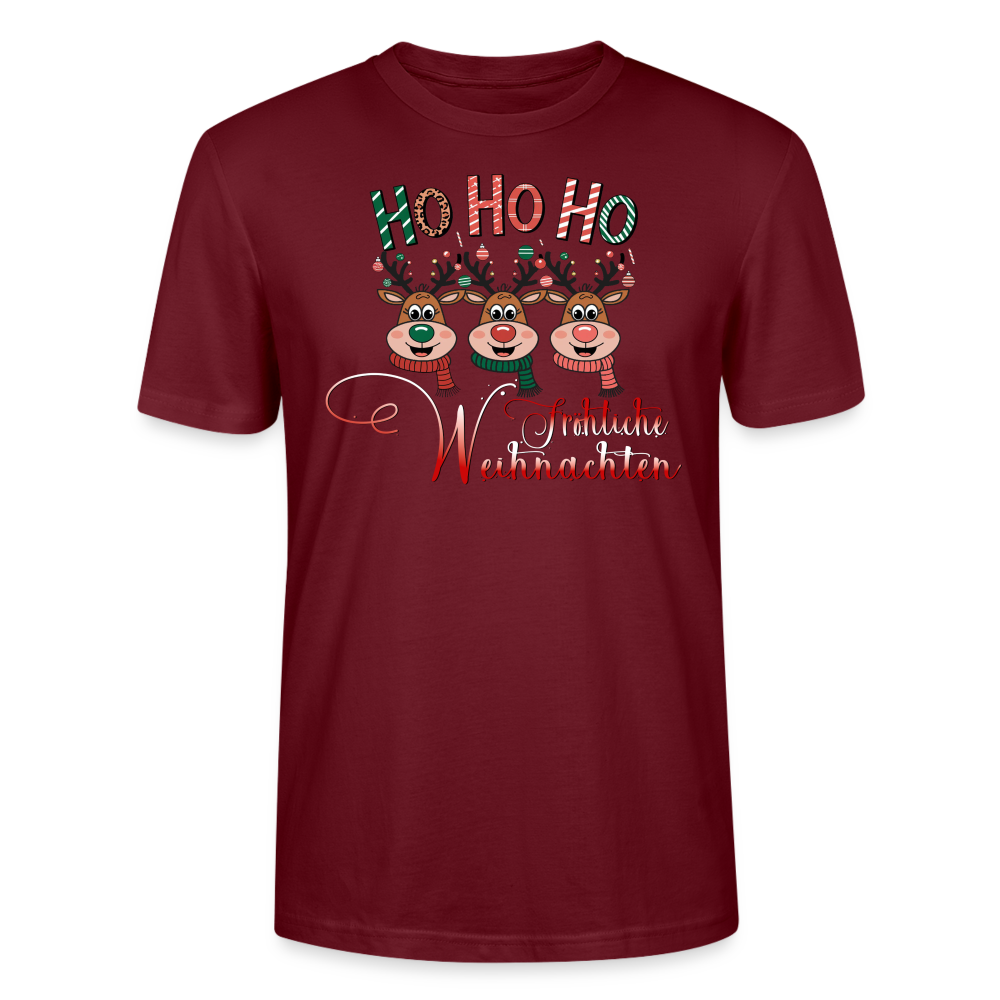 Fröhliche Weihnachten T-Shirt für Männer in Farbe Burgunderrot mit Hohoho Motiv und 3 Elchen von StreetwearX aus 100% Bio Baumwolle.