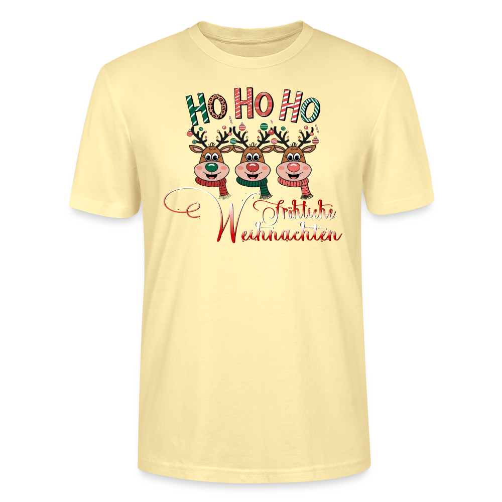 Fröhliche Weihnachten T-Shirt für Männer in Farbe Creme mit Hohoho Motiv und 3 Elchen von StreetwearX aus 100% Bio Baumwolle.