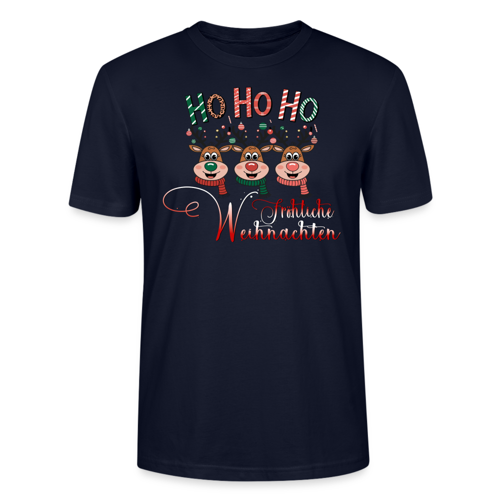Fröhliche Weihnachten T-Shirt für Männer in Farbe navy mit Hohoho Motiv und 3 Elchen von StreetwearX aus 100% Bio Baumwolle.