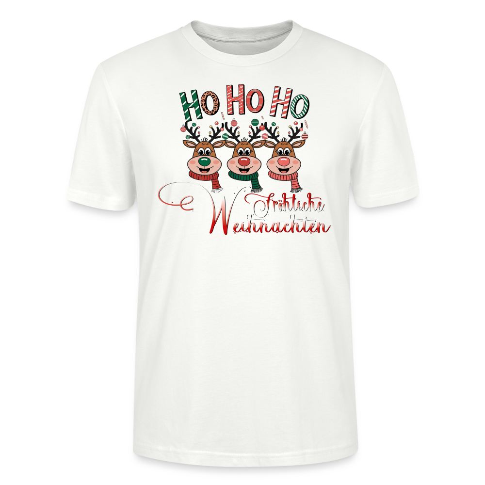 Fröhliche Weihnachten T-Shirt für Männer in Farbe weiß mit Hohoho Motiv und 3 Elchen von StreetwearX aus 100% Bio Baumwolle.