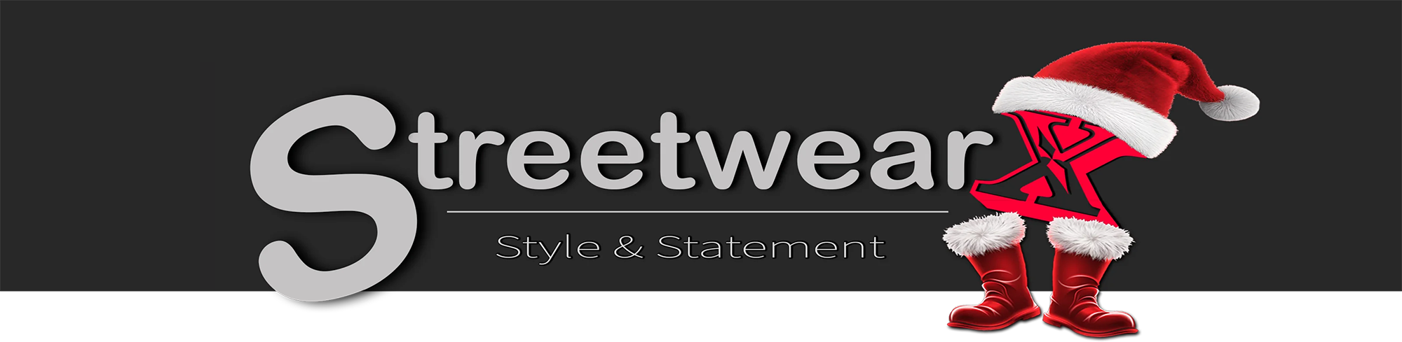 StreetwearX-Logo mit weihnachtlichem Motiv, bestehend aus dem grossen roten X, einer roten Weihnachtsmütze und festlichen Stiefeln darunter. Perfekt für die Feiertage, das Logo unterstreicht den Slogan „Style & Statement“ und setzt festliche Akzente für die Weihnachtskampagne. Ideal für den Online-Shop als Desktop-Darstellung.