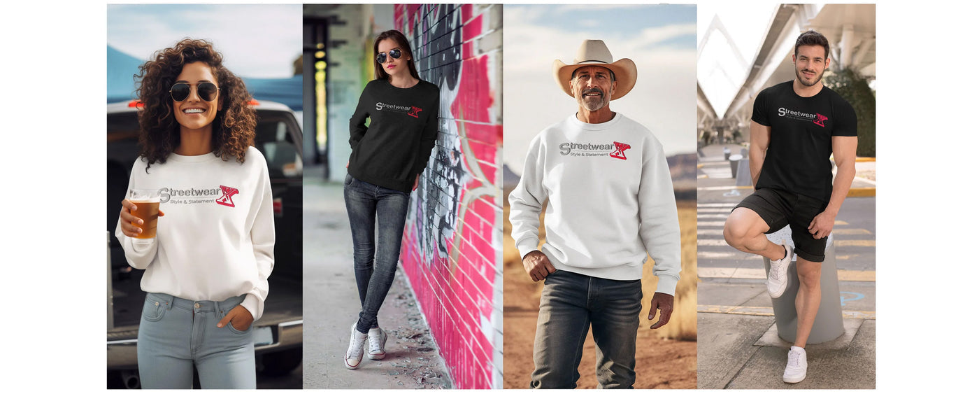 Vier Personen präsentieren moderne Streetwear von StreetwearX: Eine Frau mit lockigem Haar trägt einen weißen Pullover mit Logo und hält ein Getränk, eine andere Frau lehnt lässig an einer Graffiti-Wand und trägt einen schwarzen Pullover mit Logo, ein Mann in Cowboy-Hut zeigt einen weißen Pullover und ein sportlicher Mann trägt ein schwarzes T-Shirt und Shorts mit Logo.