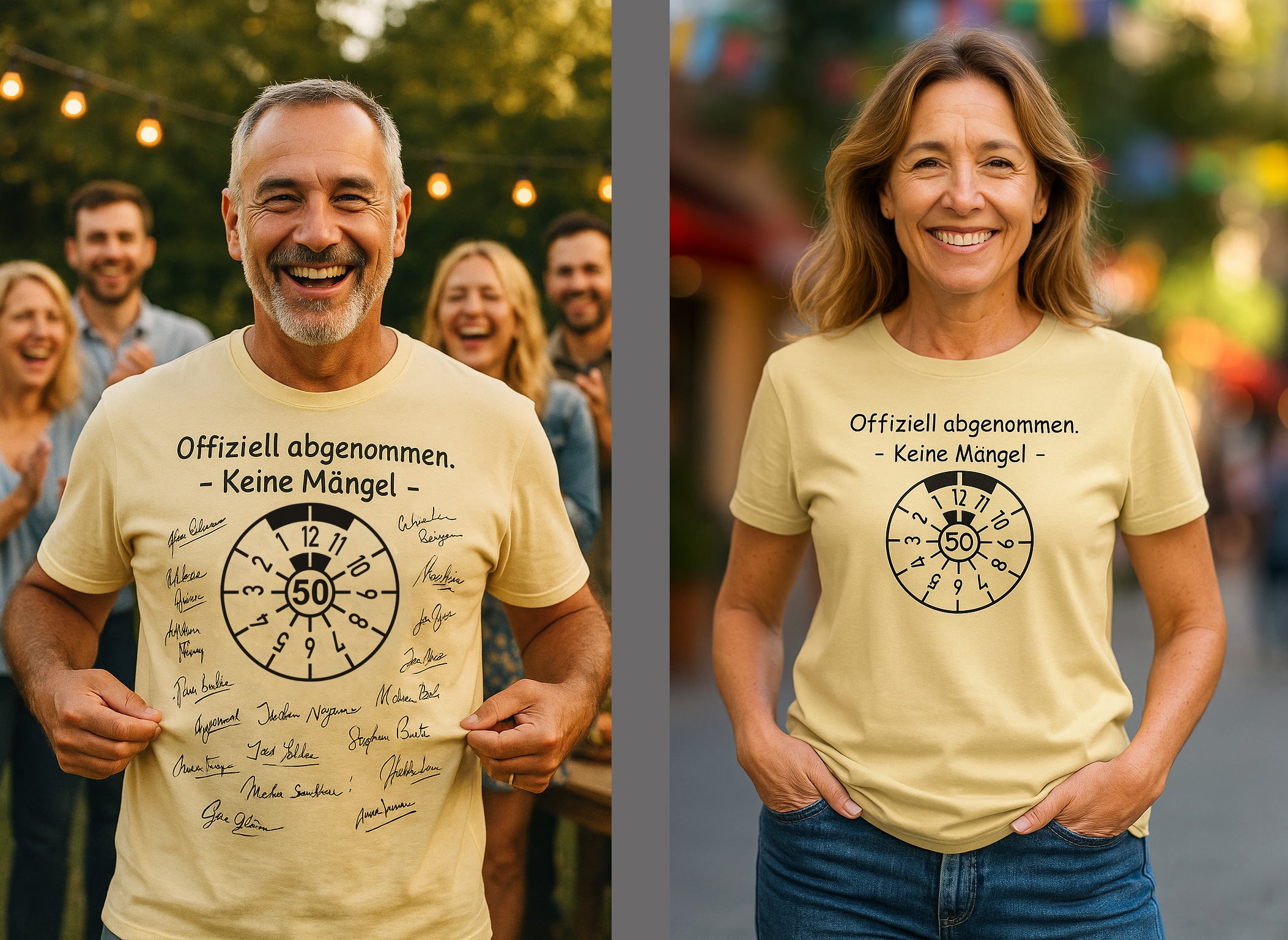 Mann und Frau tragen gelbes 50 Geburtstag TÜV Plaketten T-Shirt mit keine Mängel Motiv von StreetwearX
