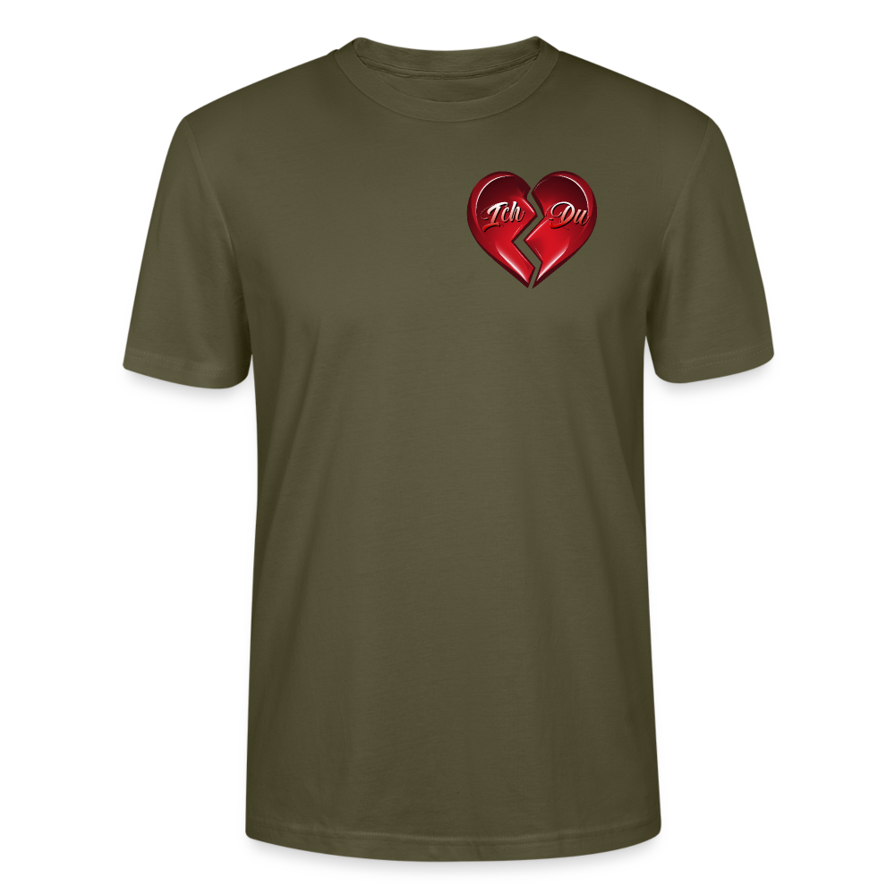 Unisex T-Shirt in Khaki mit geteiltem Herzmotiv und den Worten ‘Ich’ und ‘Du’, ideal als Geschenkidee zum Valentinstag für Männer und Frauen, gefertigt aus nachhaltiger Baumwolle, erhältlich bei StreetwearX.