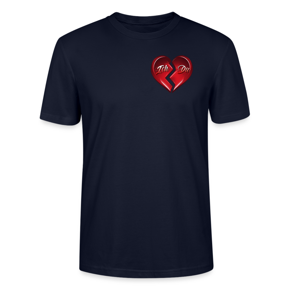 Unisex T-Shirt in Navy mit geteiltem Herzmotiv und den Worten ‘Ich’ und ‘Du’, ideal als Geschenkidee zum Valentinstag für Männer und Frauen, gefertigt aus nachhaltiger Baumwolle, erhältlich bei StreetwearX.